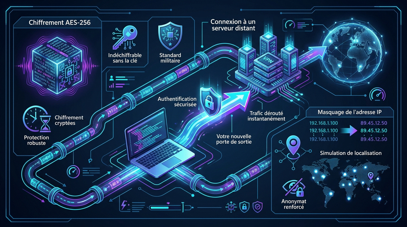 Schéma explicatif du fonctionnement d'un tunnel VPN sécurisé entre un utilisateur et internet