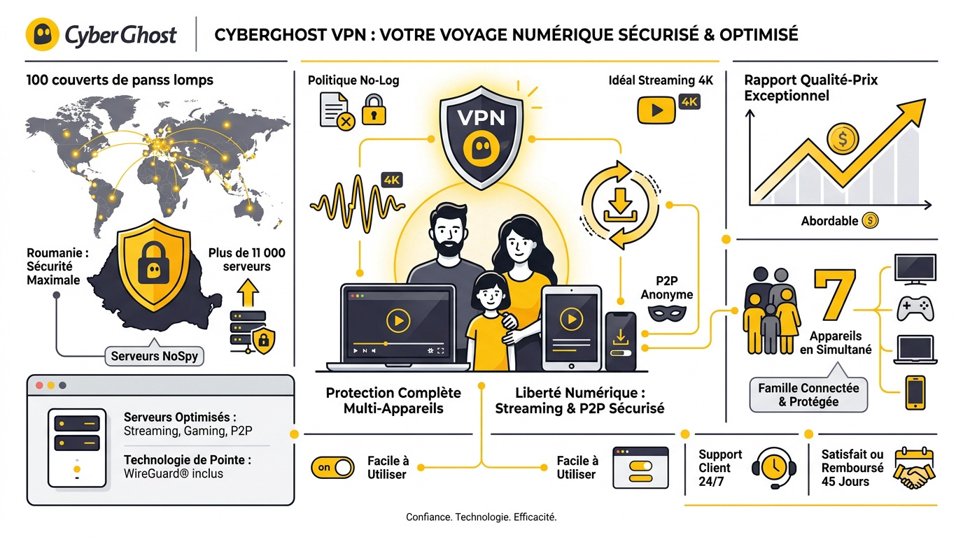 Infographie présentant les performances et les fonctionnalités de sécurité du VPN CyberGhost