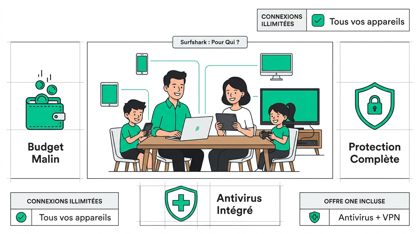 Famille utilisant plusieurs appareils connectés simultanément avec le VPN Surfshark