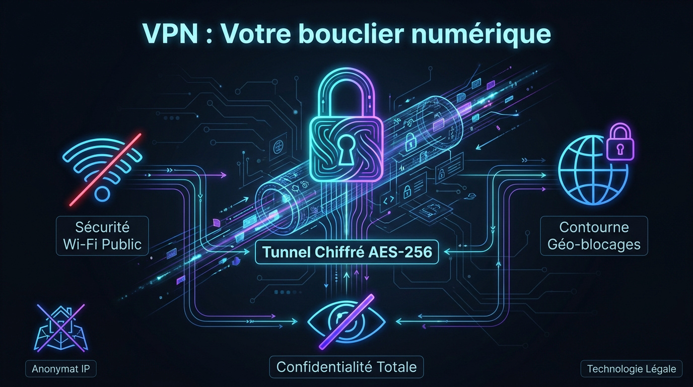 Schéma explicatif du tunnel chiffré d'un VPN protégeant les données utilisateur