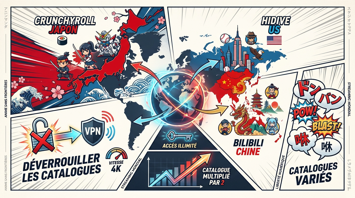 Illustration de l'accès mondial aux catalogues d'animés via VPN