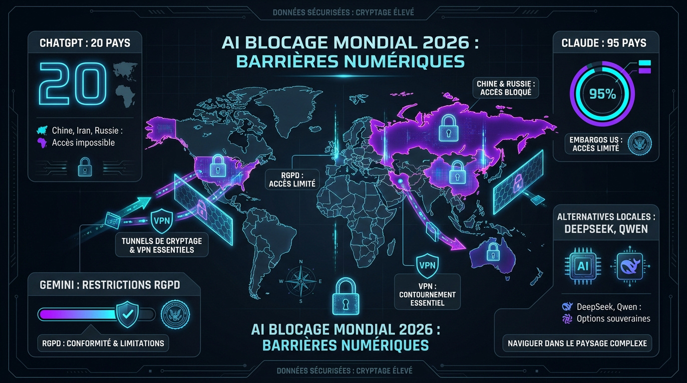 Carte mondiale des restrictions d'accès aux services d'intelligence artificielle en 2026