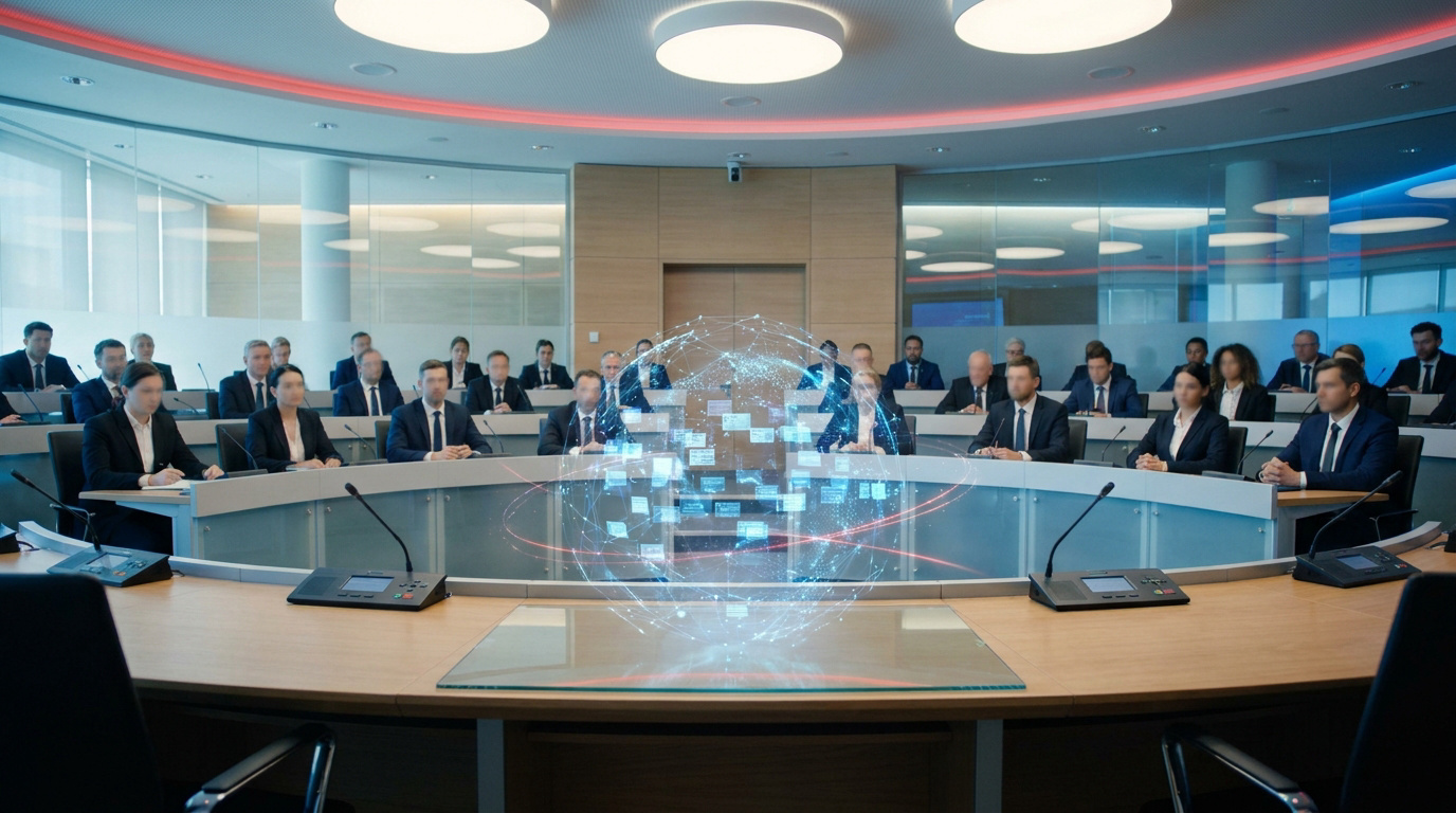 Réunion de professionnels en costume autour d'une table ovale avec un globe holographique central, évoquant la régulation VPN en France.