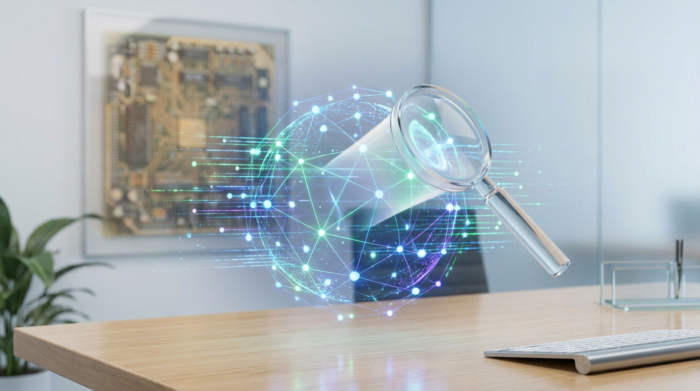 Loupe examinant un globe numérique lumineux de connexions, symbolisant une analyse approfondie de données ou de sécurité.