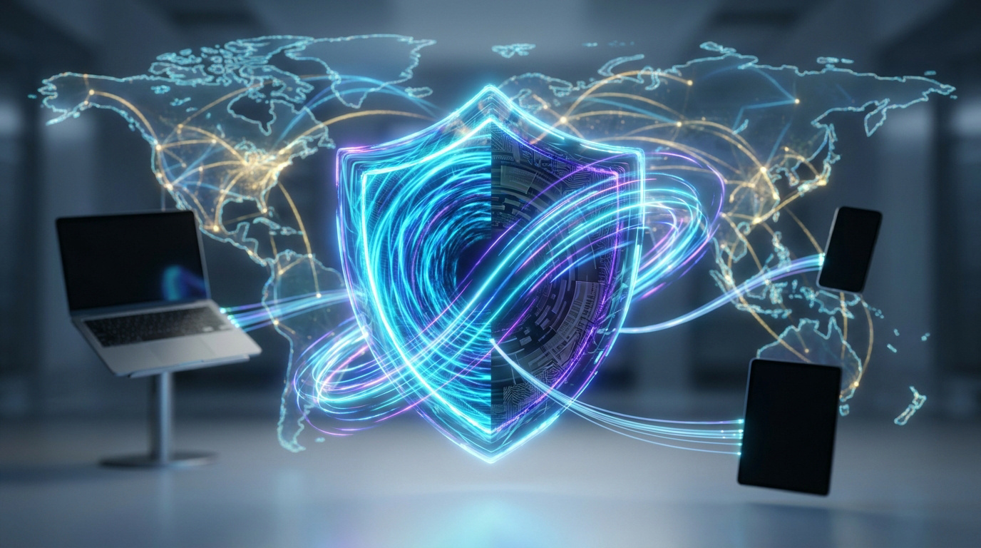 Bouclier lumineux protégeant un réseau mondial avec laptop, tablette et smartphone. Symbolise la cybersécurité et le VPN.