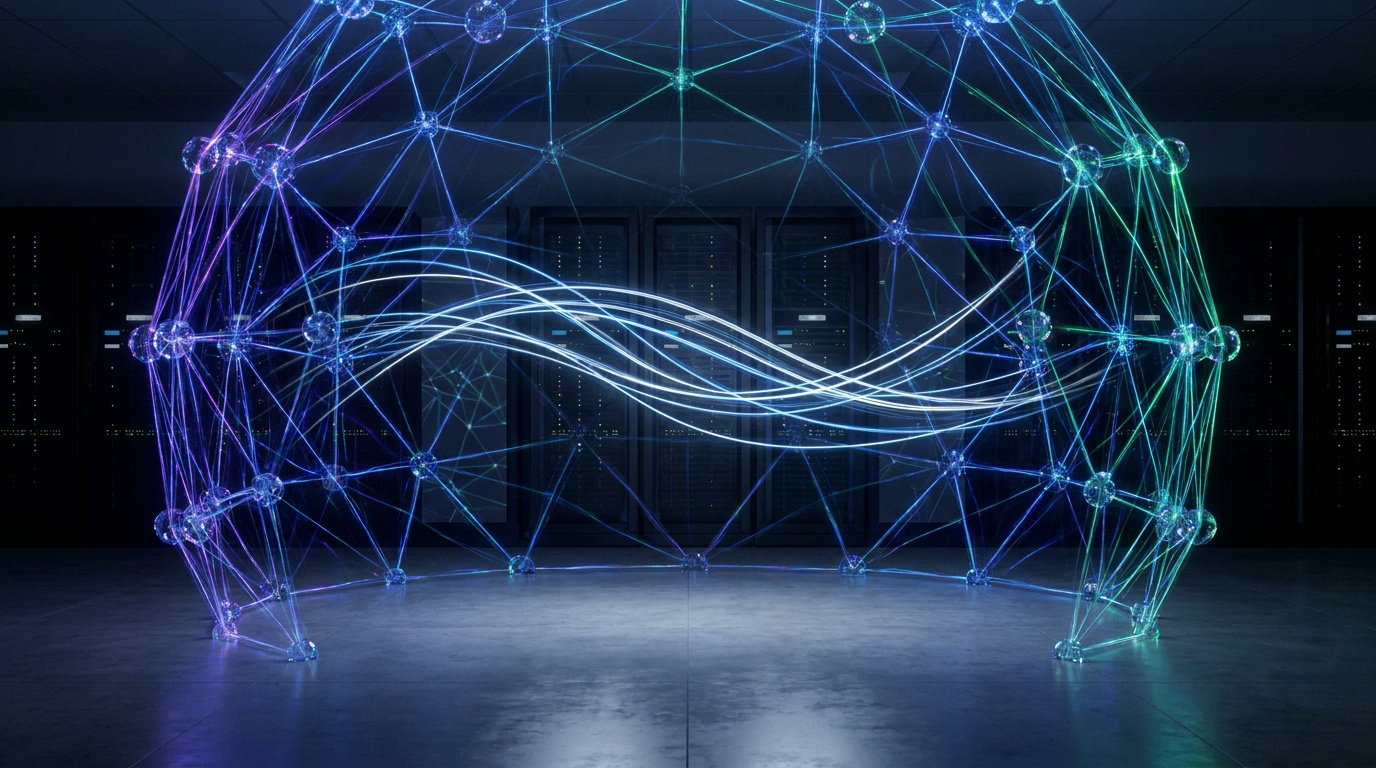 Un datacenter sombre avec une structure réseau lumineuse violet-vert et des flux de données. Symbolise la sécurité post-quantique.