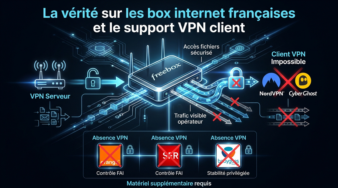 Sch&eacute;ma expliquant l'impossibilit&eacute; d'installer un VPN client nativement sur une box internet fran&ccedil;aise standard.
