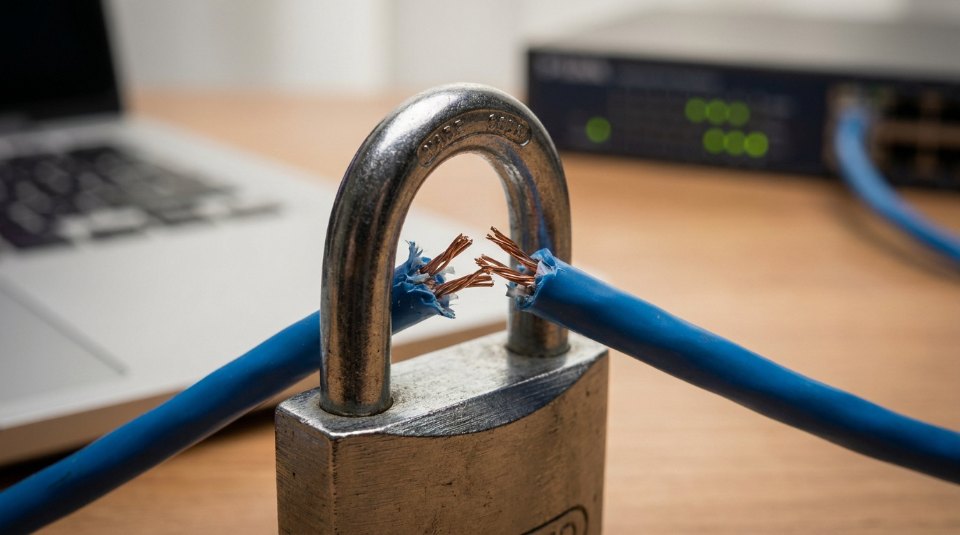 Câble Ethernet bleu cassé traversant un cadenas, symbolisant un kill switch VPN. Ordinateur portable et routeur en arrière-plan.