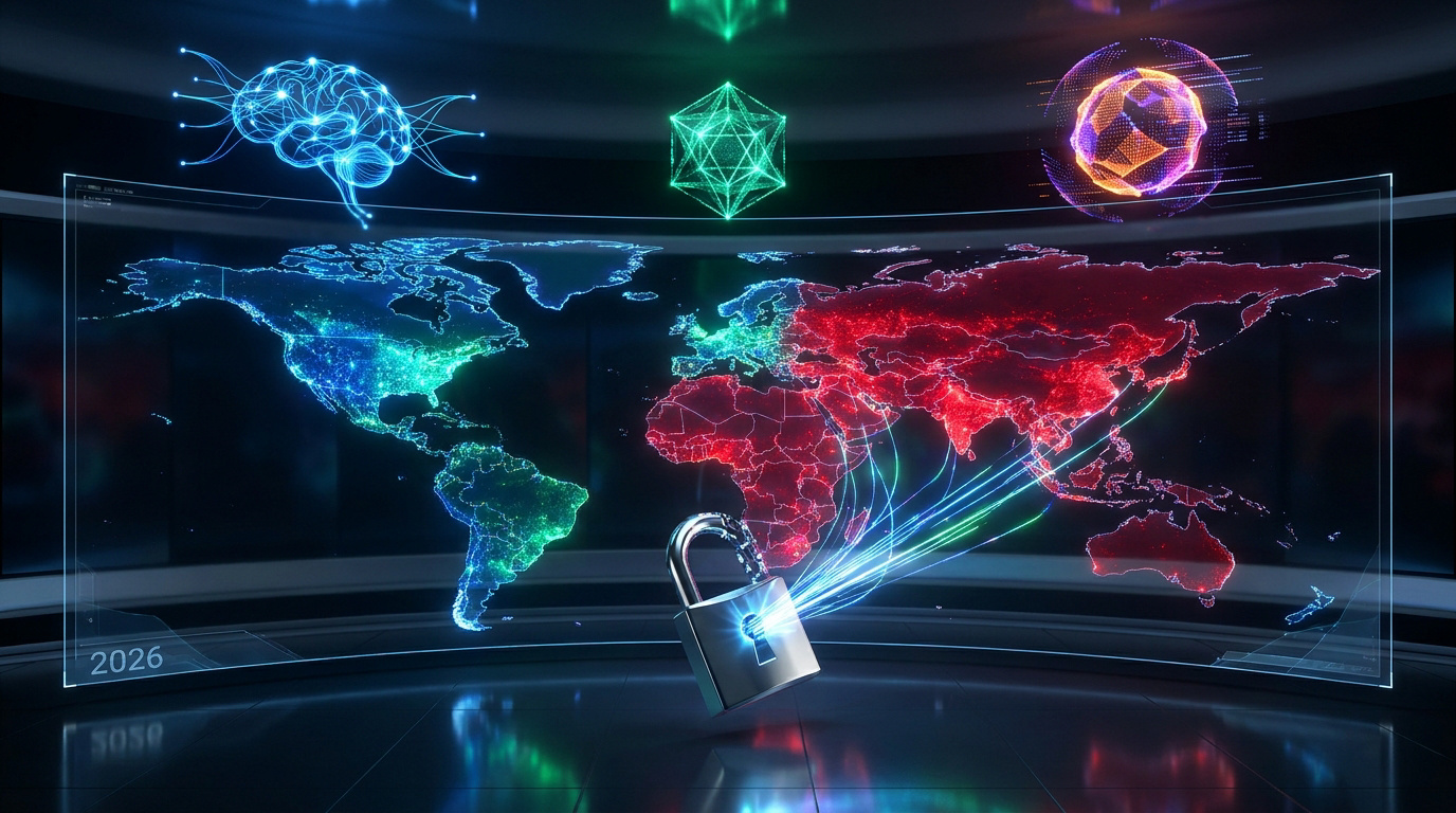 Carte mondiale numérique montrant des régions vertes/rouges, un cadenas et des icônes d'IA, symbolisant les restrictions VPN et IA.