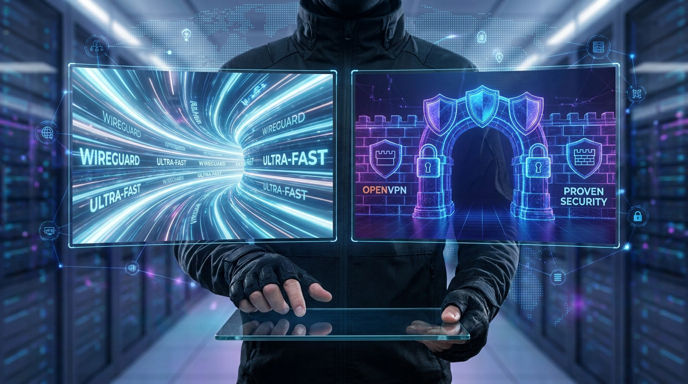 Un technicien manipule une interface holographique comparant la vitesse de WireGuard et la sécurité d'OpenVPN.