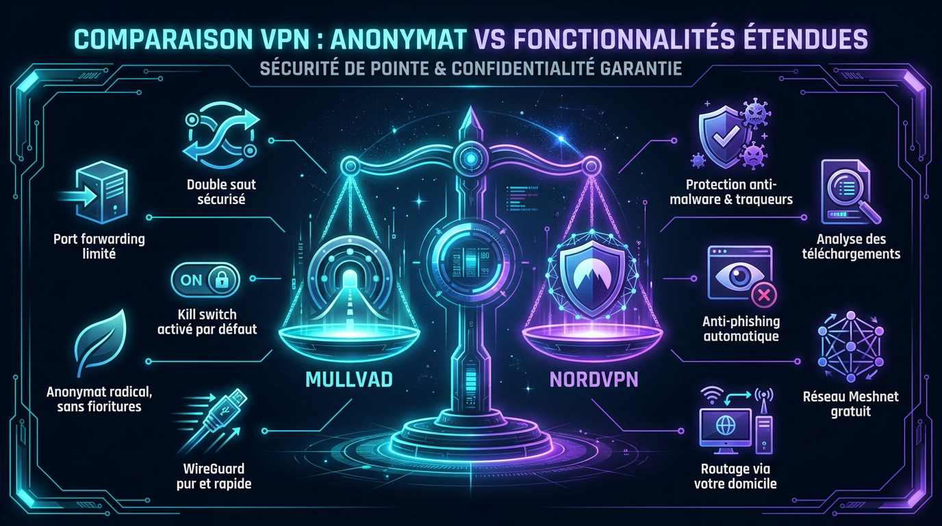 Comparaison graphique entre les interfaces et services de Mullvad et NordVPN