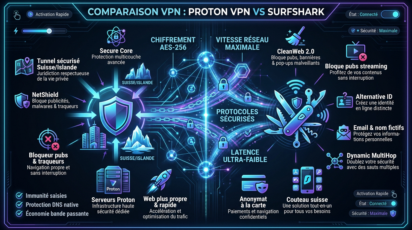 Comparatif des interfaces et fonctionnalités entre Proton VPN et Surfshark