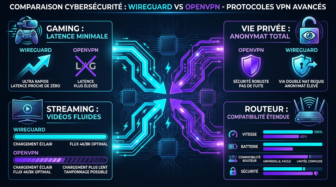 Comparaison visuelle entre les protocoles VPN WireGuard et OpenVPN pour le streaming et le gaming