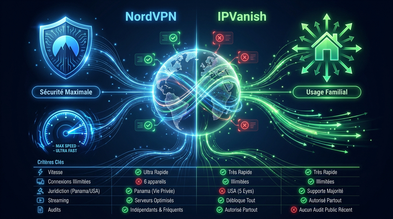Comparatif entre NordVPN et IPVanish mettant en avant la sécurité et l'usage familial