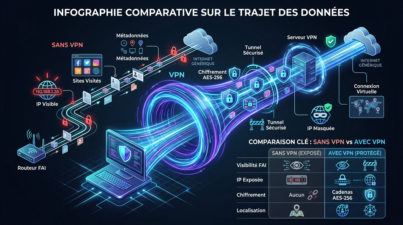 Schéma technique comparatif du trajet des données avec et sans tunnel VPN chiffré