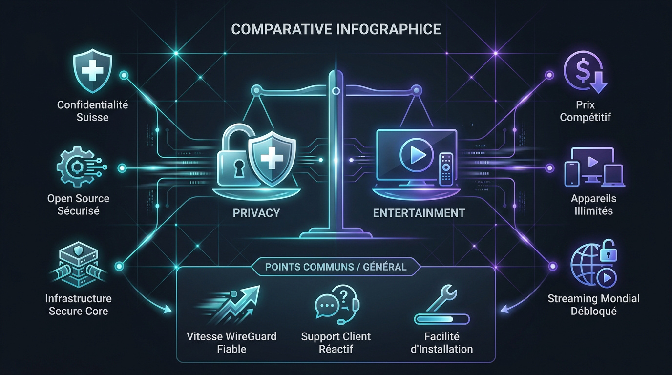 Comparaison visuelle entre Proton VPN et Surfshark soulignant la sécurité suisse et le streaming illimité