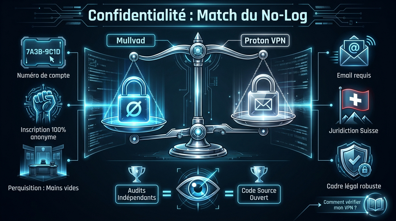 Comparaison des politiques de confidentialit&eacute; entre <strong>Proton VPN</strong> et <strong>Mullvad</strong>