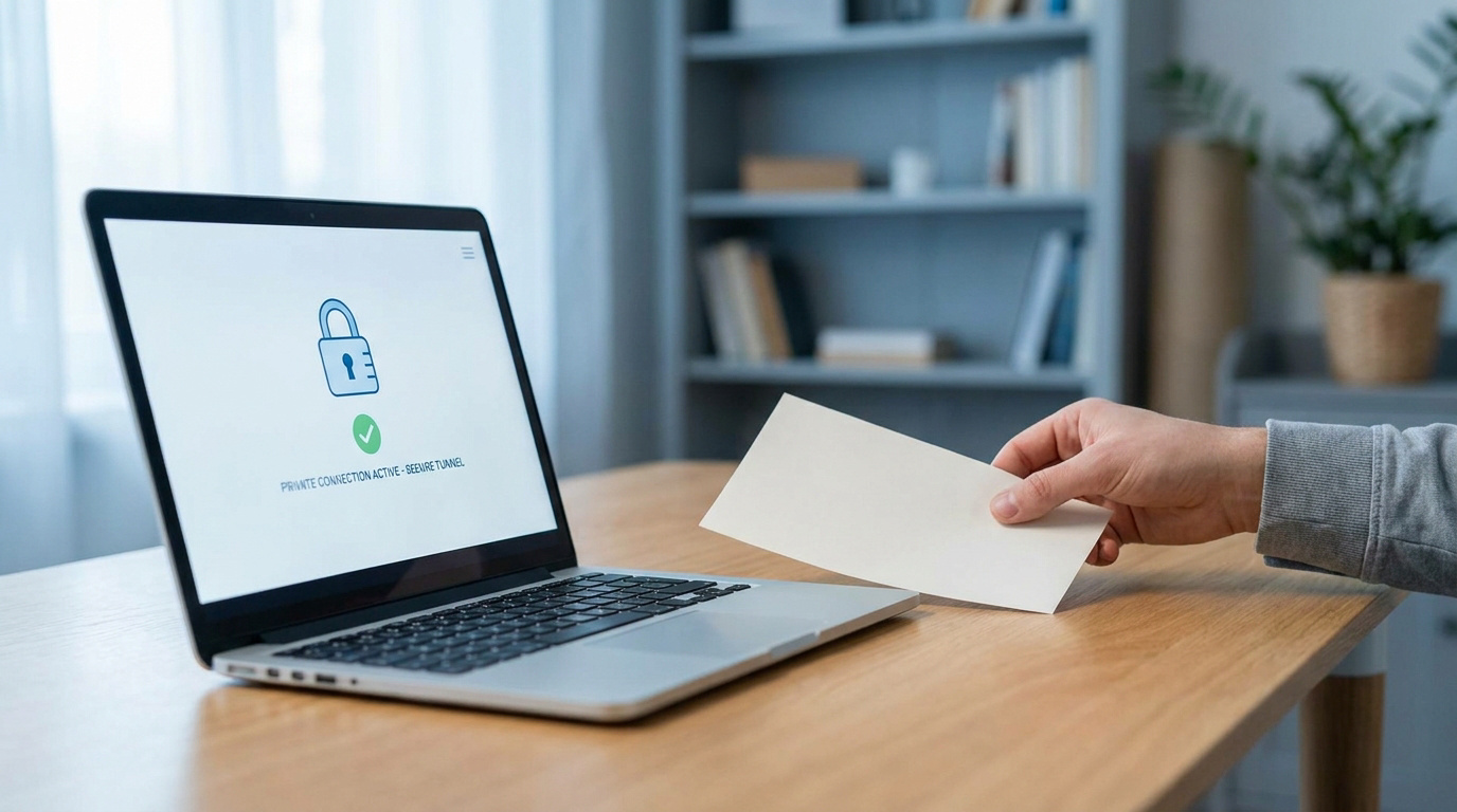 Ordinateur portable sur bureau affichant une connexion privée active (VPN) avec cadenas. Une main tient une carte vierge.