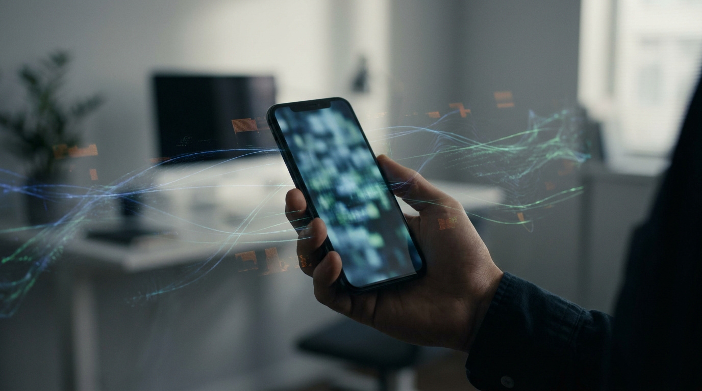 Une main tient un smartphone, entouré de lignes lumineuses et d'éléments de données flottants, symbolisant la connexion et le transfert de données.