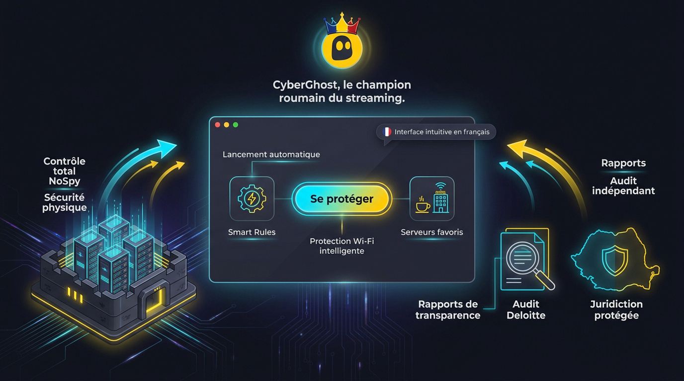Interface intuitive et sécurisée du logiciel CyberGhost VPN sur ordinateur