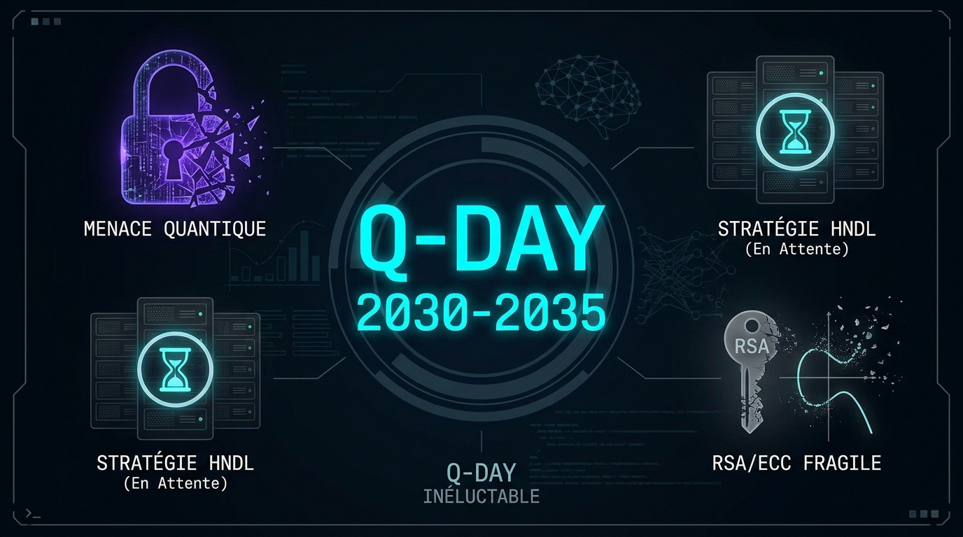 Représentation visuelle de la menace quantique et du Q-Day pour la cybersécurité