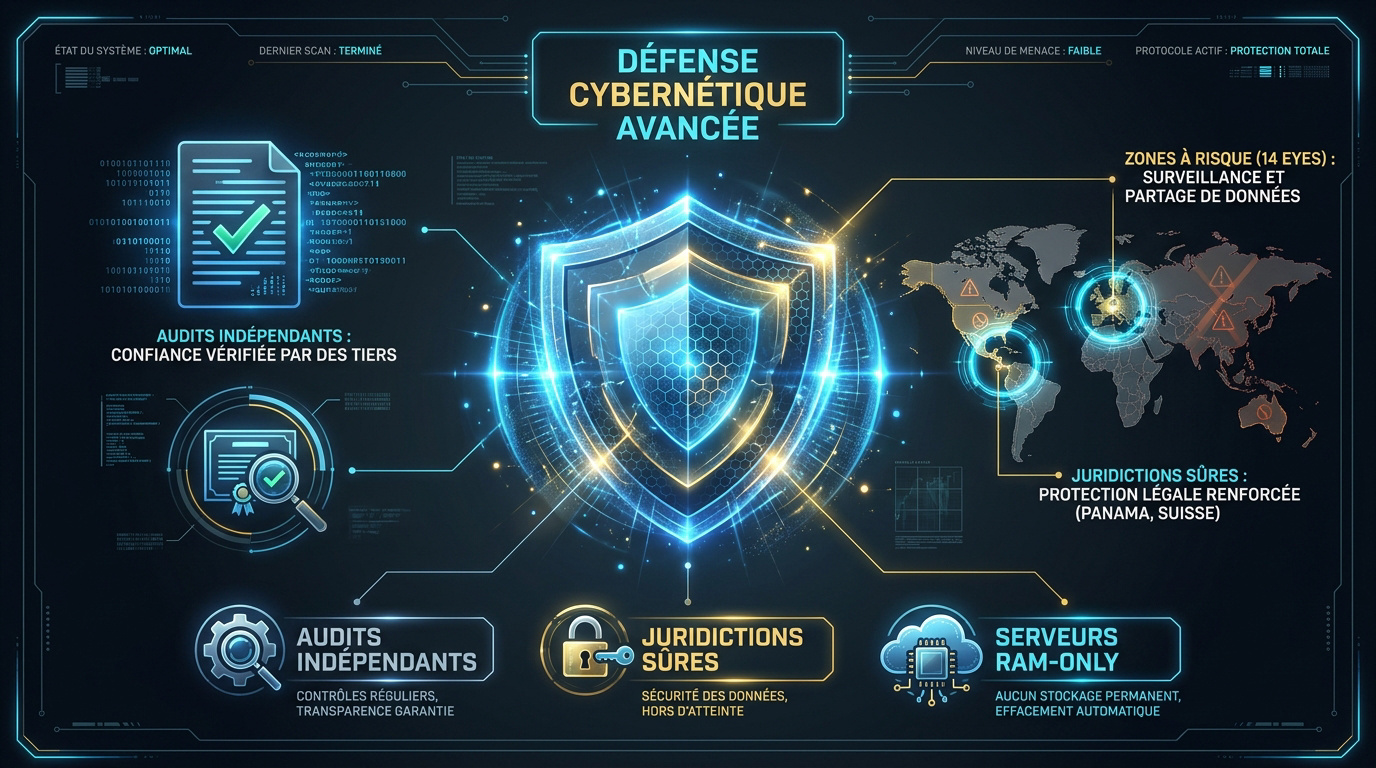 Schéma de défense cybernétique avancée illustrant la sécurité des serveurs et les juridictions internationales