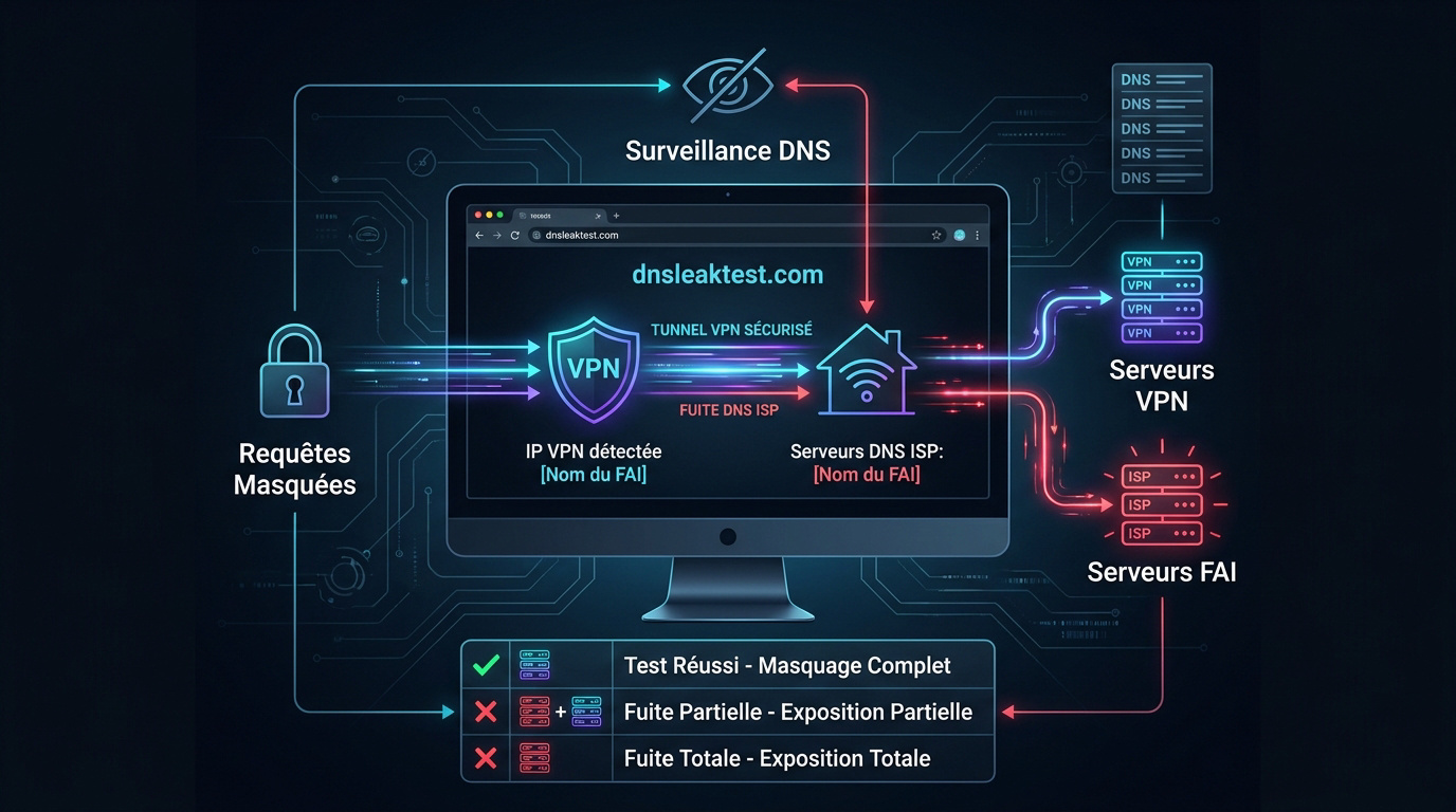 Interface de test de fuite DNS affichant les serveurs détectés