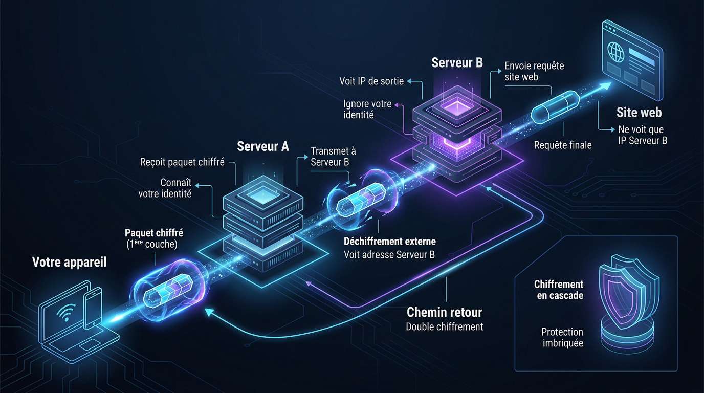 Sch&eacute;ma technique du fonctionnement d'un double VPN avec deux serveurs successifs