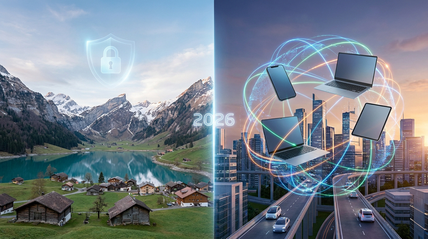 Image comparant Proton VPN (paysage suisse sécurisé, 2026) et Surfshark (ville moderne, appareils connectés et réseau).