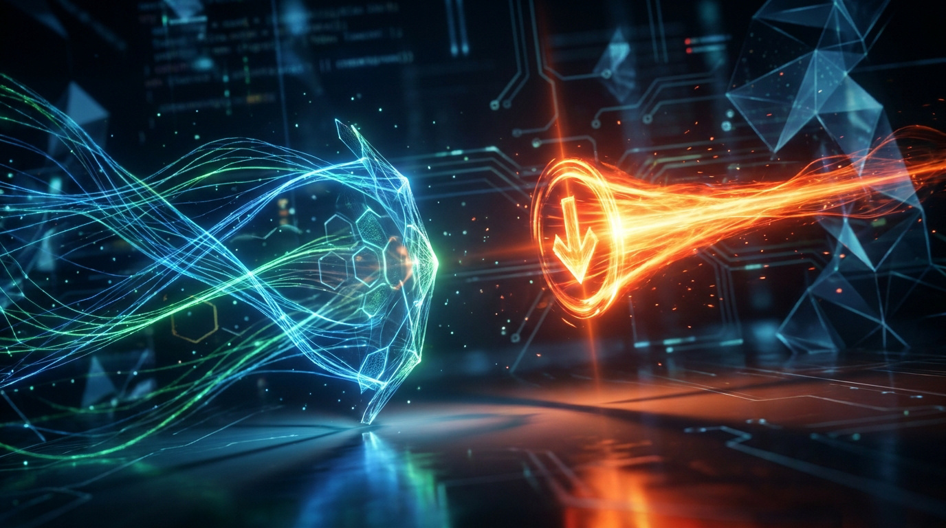 Illustration abstraite d'un duel numérique : des flux de données bleus-verts complexes face à une explosion orange ciblée avec flèche de téléchargement.