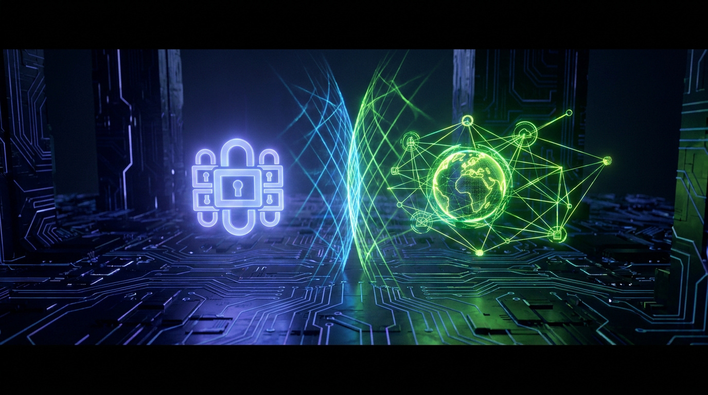 Image numérique: Cadenas violets (confidentialité) à gauche, globe vert maillé (polyvalence) à droite, sur circuits électroniques.