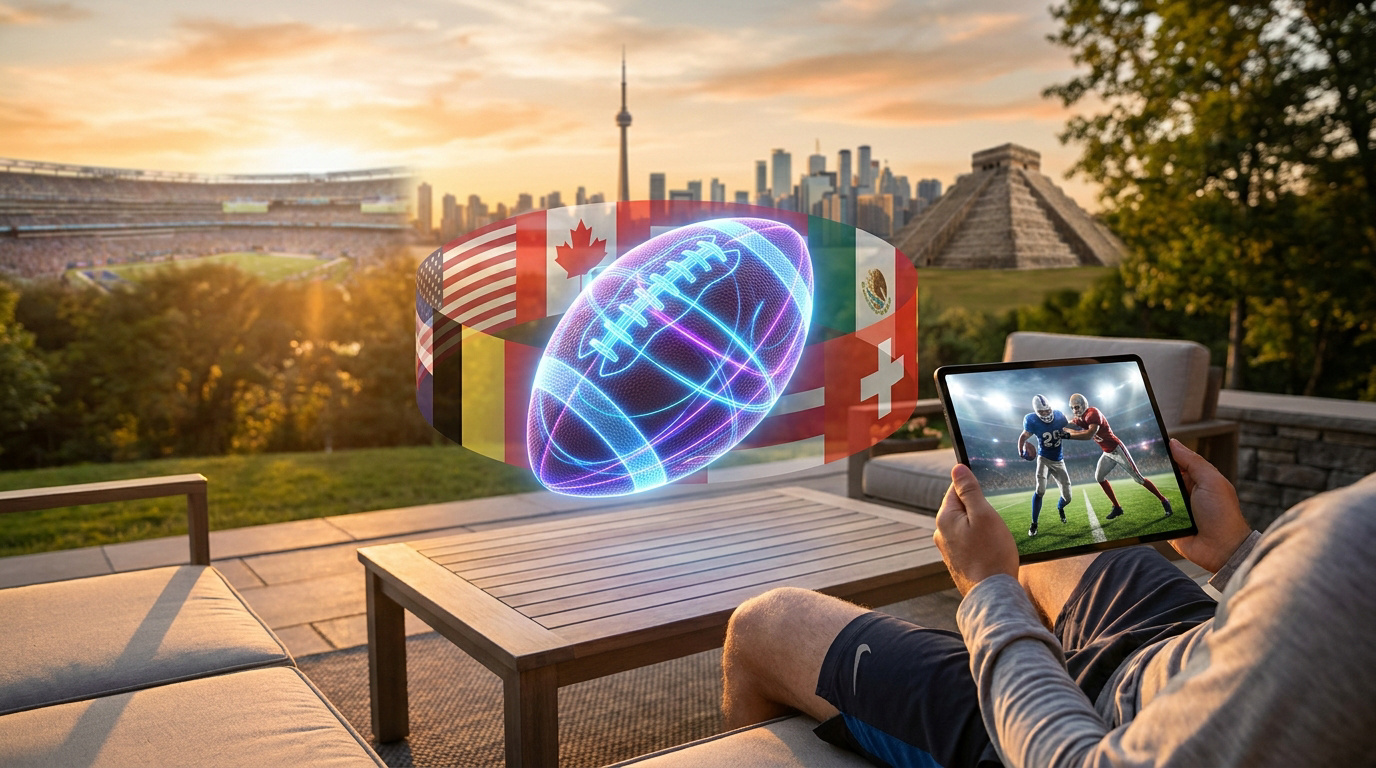 Personne regarde le football américain sur tablette avec hologramme d'un ballon et drapeaux des pays hôtes 2026, monuments au coucher du soleil.