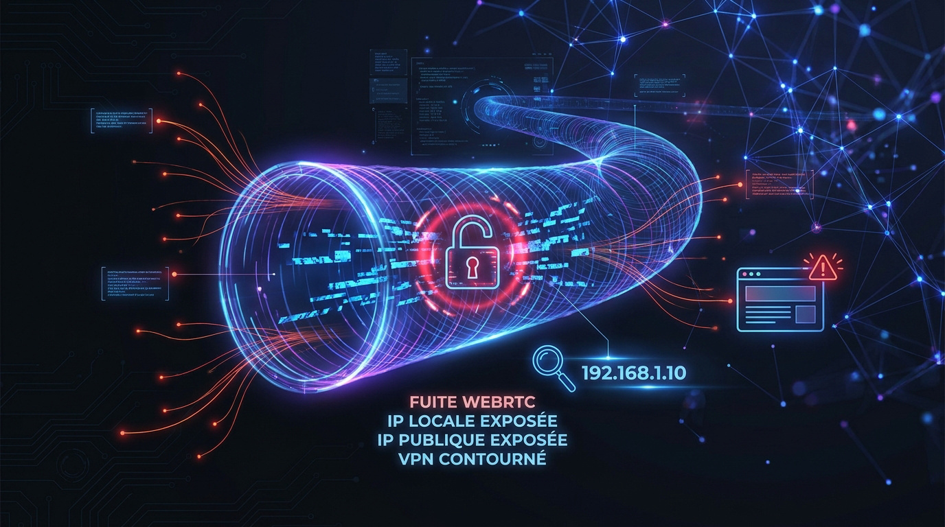 Schéma illustrant une fuite WebRTC exposant l'adresse IP réelle malgré un VPN