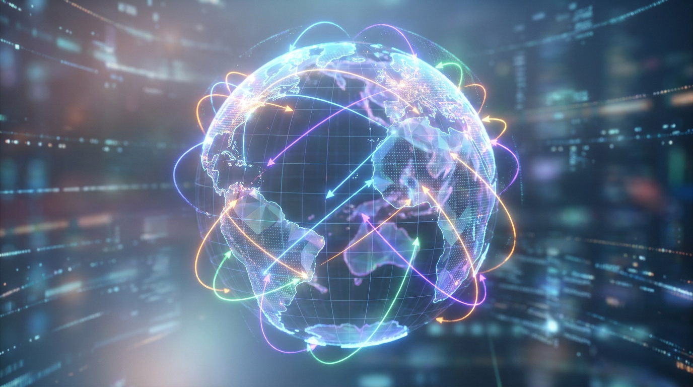 Un globe terrestre numérique et lumineux, entouré de flèches colorées symbolisant le transfert de données et la connectivité mondiale d'un VPN.