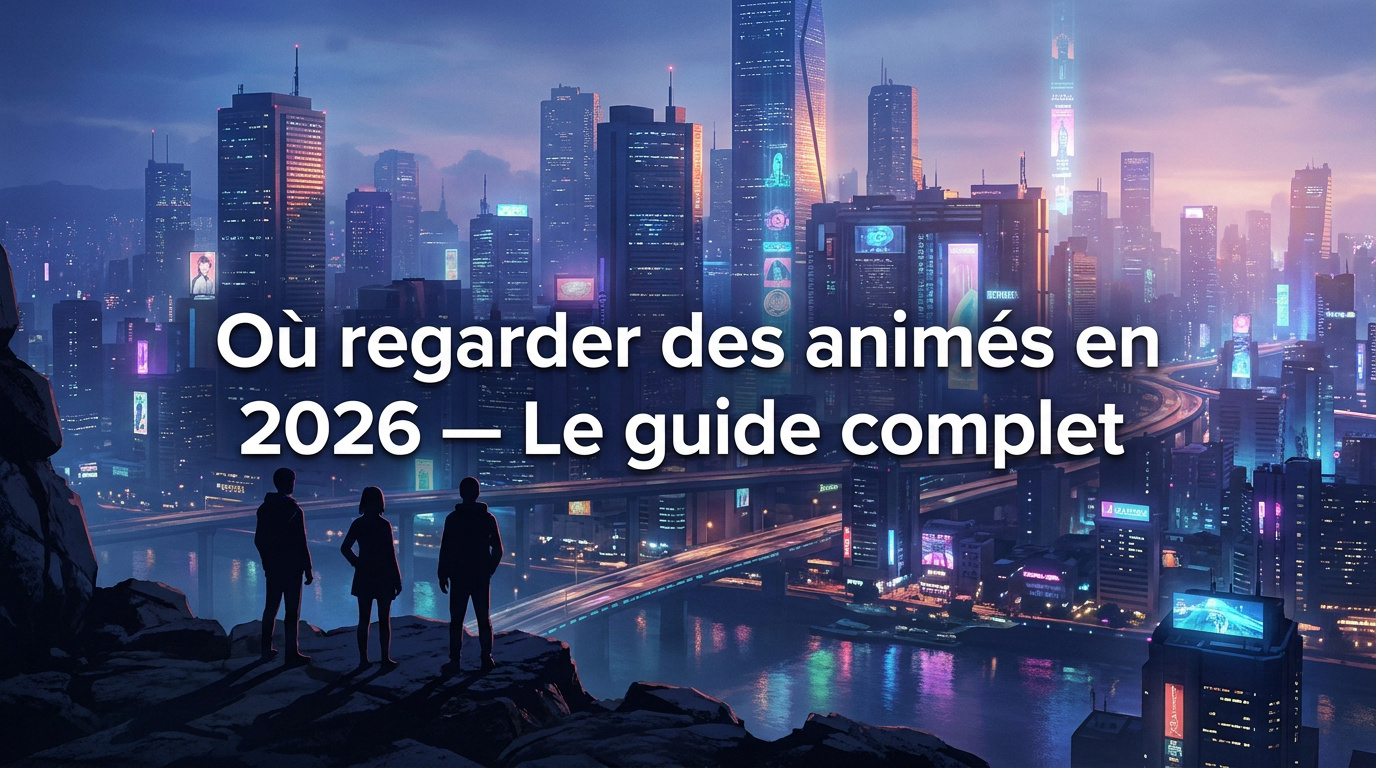 Trois personnes regardant une ville futuriste illuminée au crépuscule. Texte : Où regarder des animés en 2026 — Le guide complet.