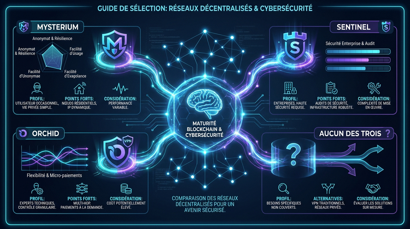 Infographie comparative des r&eacute;seaux VPN d&eacute;centralis&eacute;s Mysterium Sentinel et Orchid