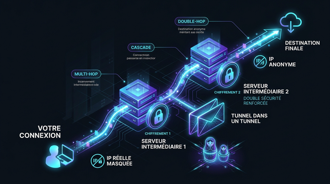 Sch&eacute;ma technique du fonctionnement d'une connexion double VPN avec deux serveurs successifs