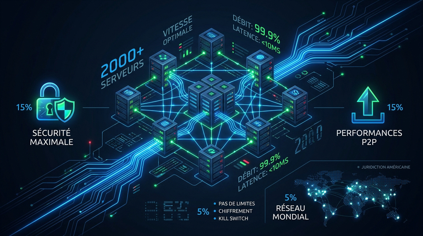 Infographie détaillant l'infrastructure réseau et les protocoles de sécurité d'IPVanish
