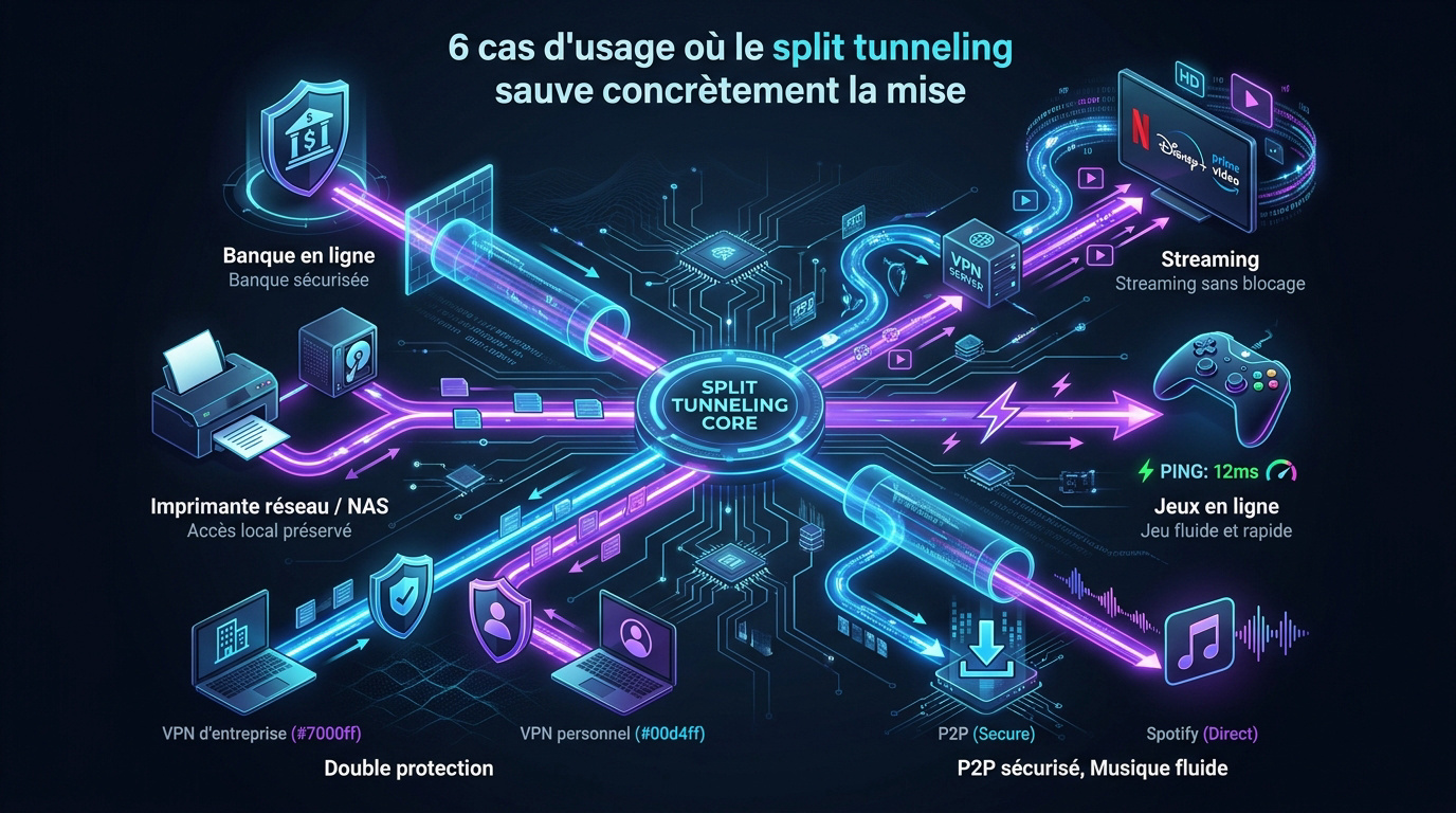 Infographie expliquant les 6 cas d'usage principaux du split tunneling VPN en 2026
