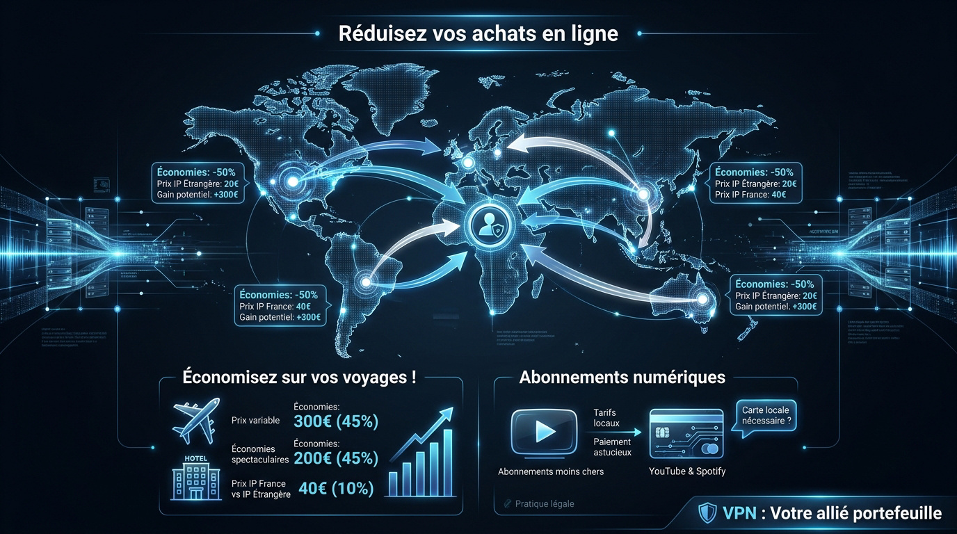 Infographie montrant les économies réalisables sur les billets d'avion et abonnements numériques via un VPN