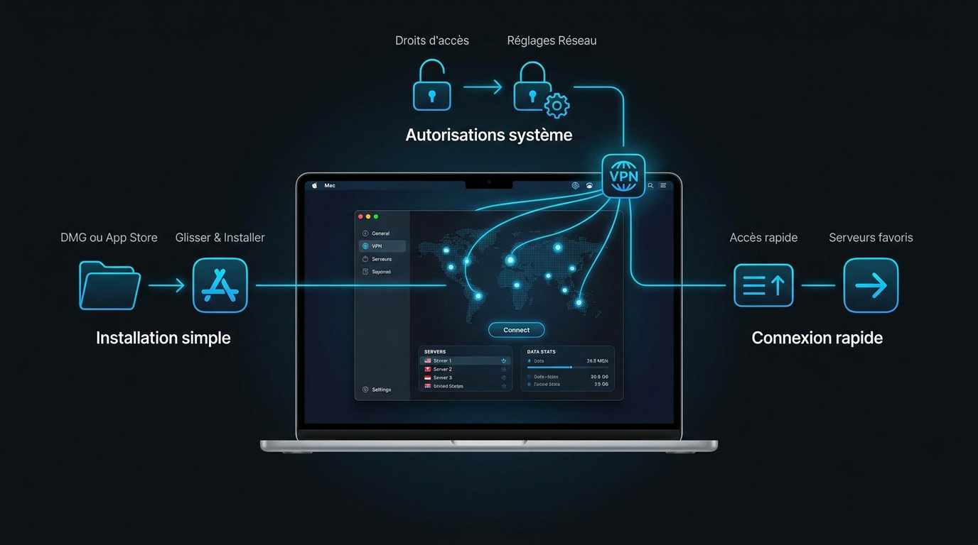 Infographie expliquant les étapes d'installation et de connexion sécurisée d'un VPN sur Mac