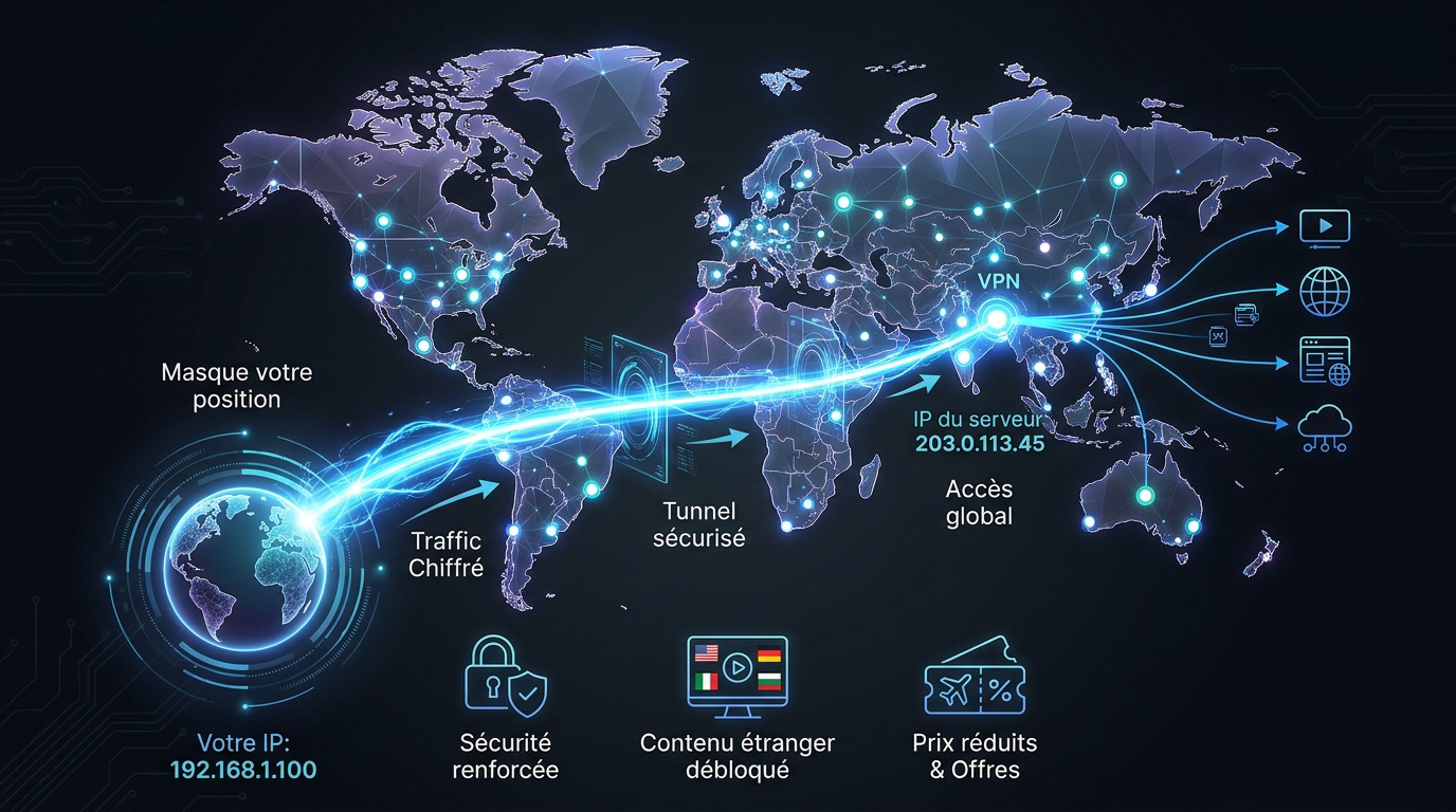 Infographie expliquant le masquage de l'adresse IP et le chiffrement des données par un VPN