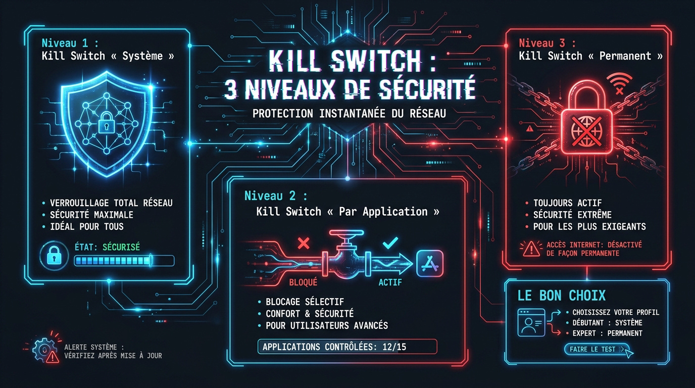 Infographie présentant les trois niveaux de sécurité du kill switch VPN : système, application et permanent