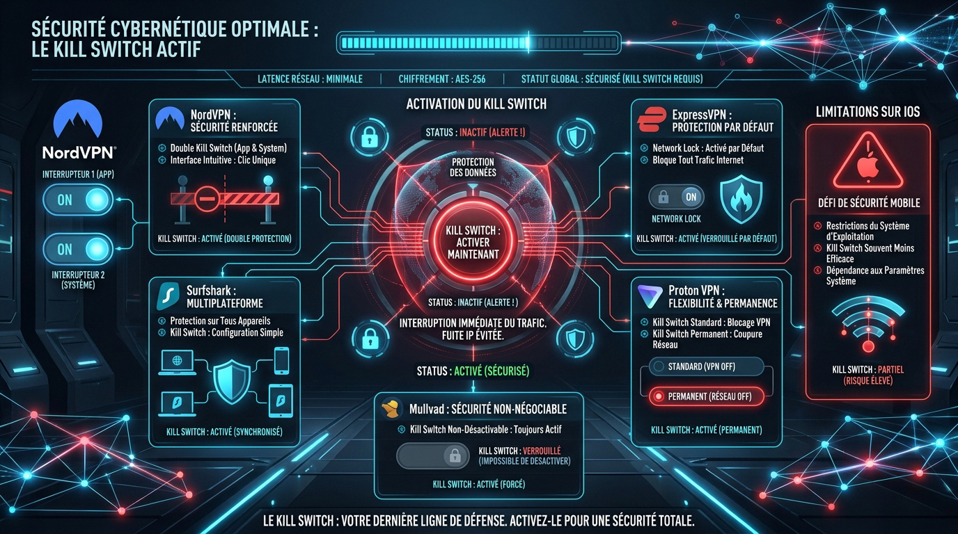 Schéma explicatif du fonctionnement d'un kill switch VPN bloquant le trafic internet en cas de coupure