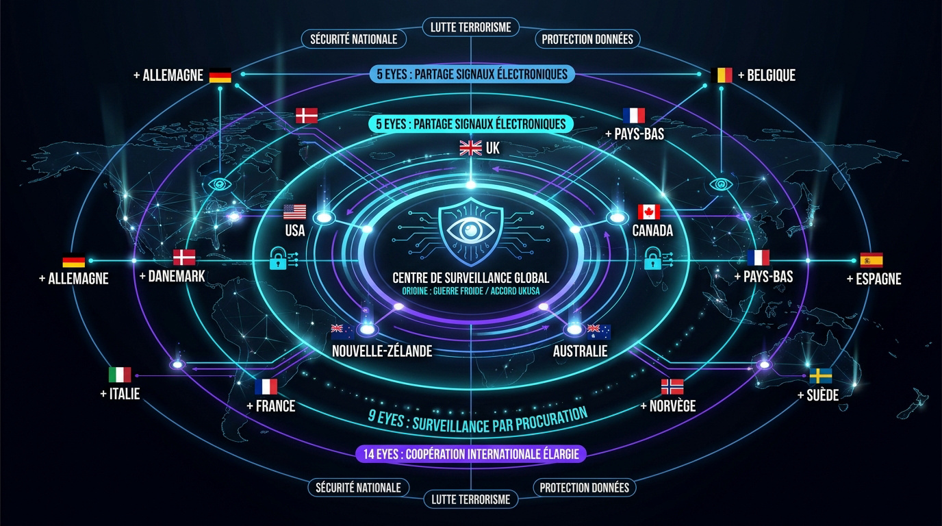 Carte mondiale illustrant les pays membres des alliances de surveillance 5, 9 et 14 Eyes