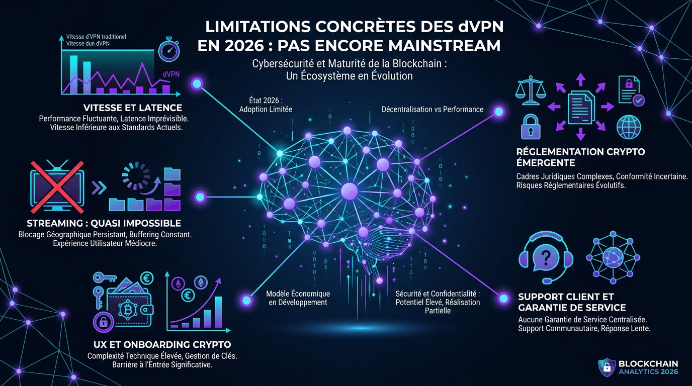 Sch&eacute;ma illustrant les d&eacute;fis techniques et les limites de performance des VPN d&eacute;centralis&eacute;s en 2026