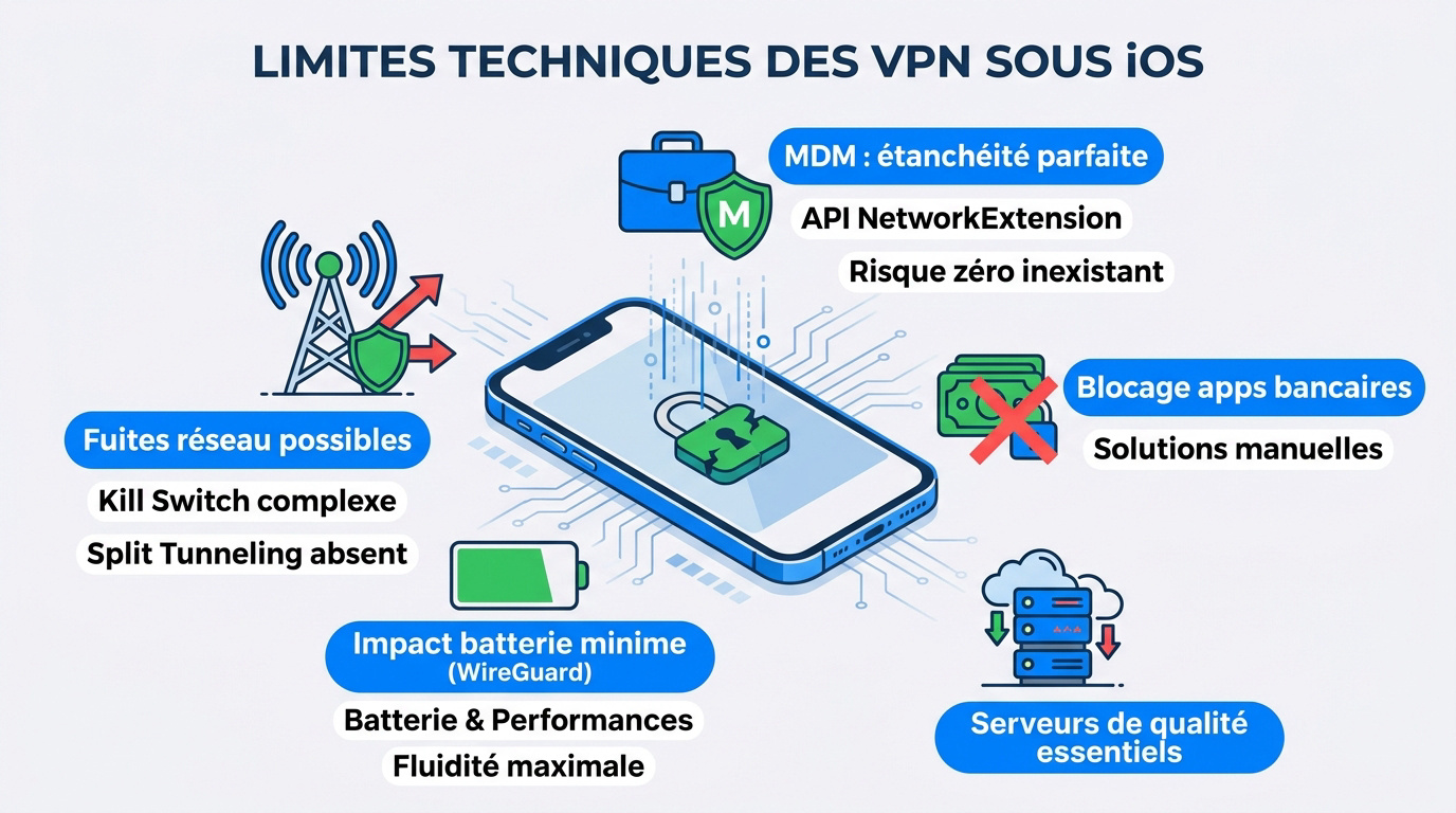 Illustration des contraintes techniques d'un VPN sur le syst&egrave;me iOS d'un iPhone
