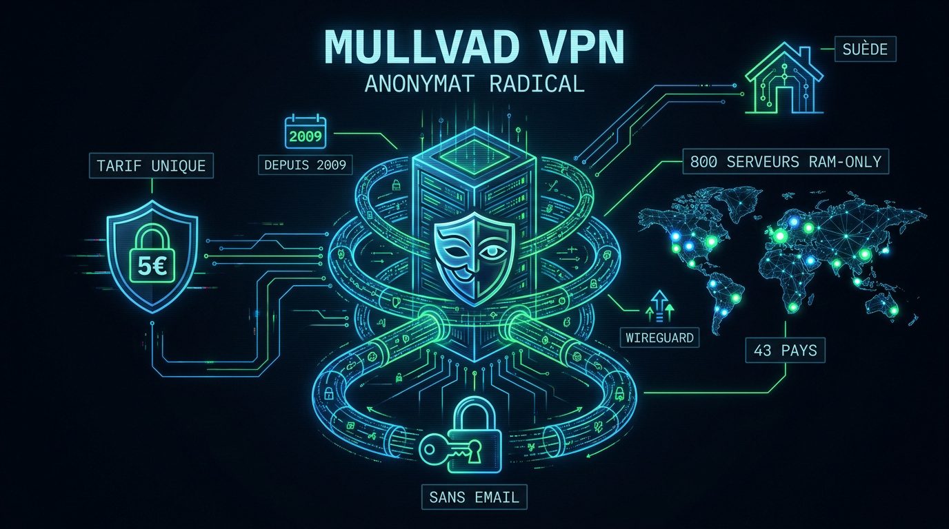 Interface minimaliste de Mullvad VPN mettant en avant l'anonymat et la sécurité