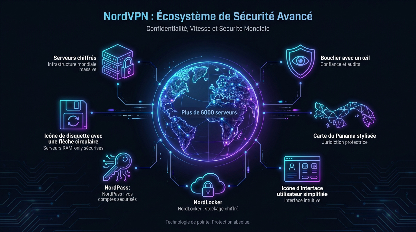 Interface de l'écosystème de sécurité NordVPN incluant NordPass et NordLocker