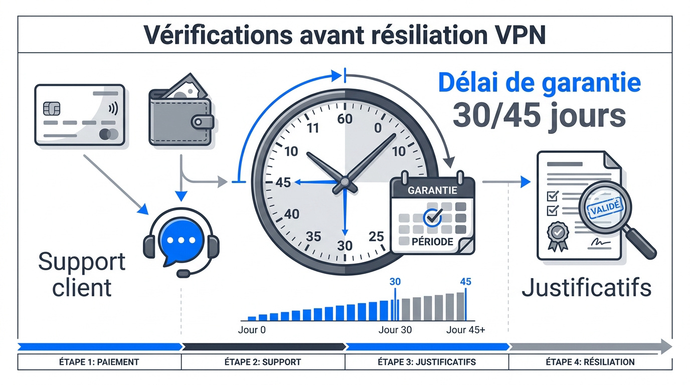 Infographie d&eacute;taillant les &eacute;tapes de v&eacute;rification avant de r&eacute;silier un abonnement VPN